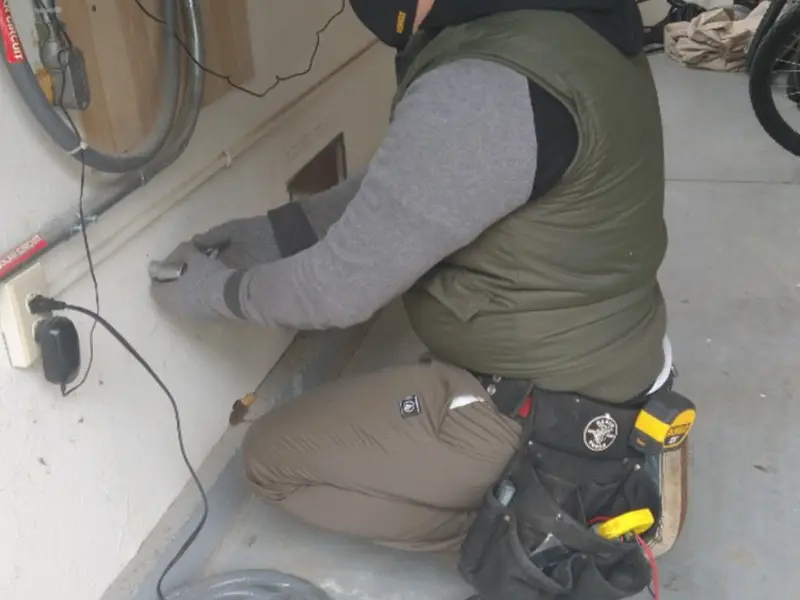Electrician performing outlet wiring in a South Park garage